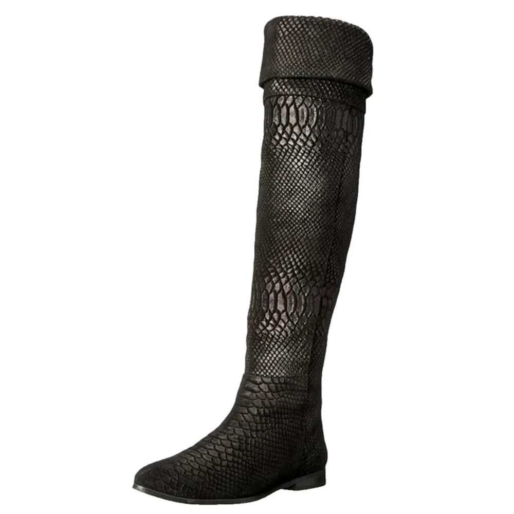 Seychelles Anthropologie Black Victory Croc Over The Knee Boots Leather Size 7